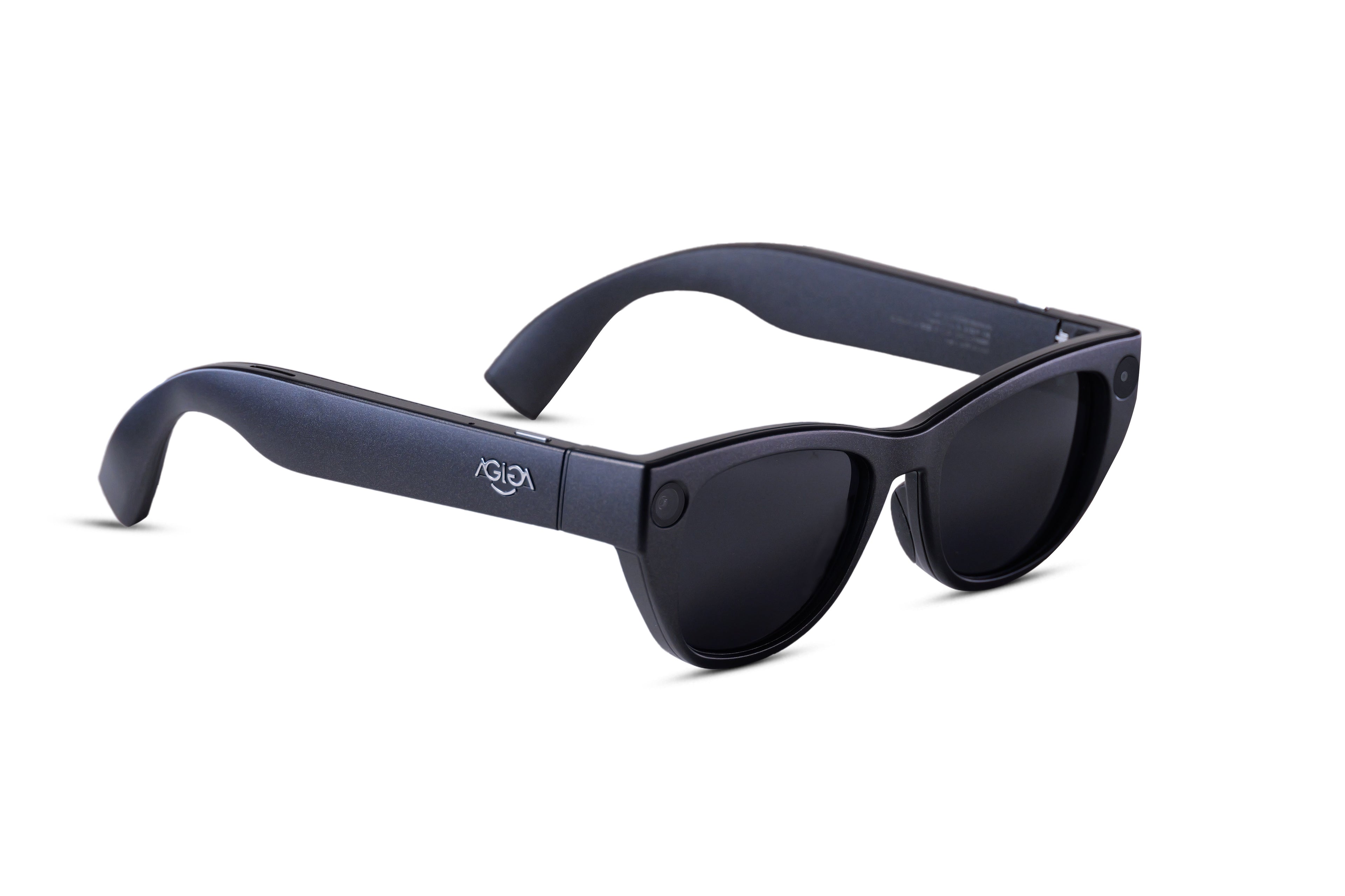 Black sunglasses with agiga brand logo on a white background
