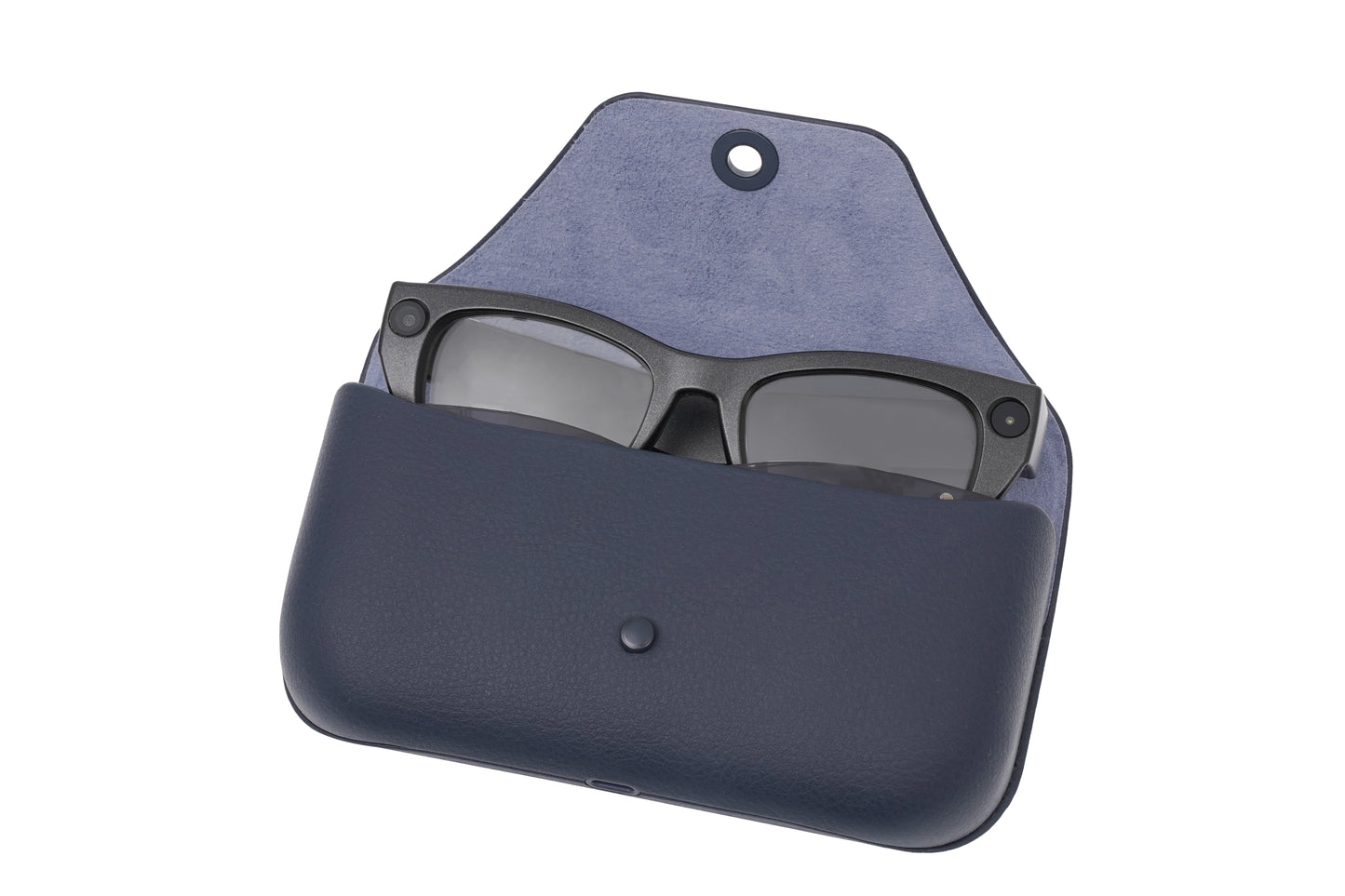Black sunglasses in a blue leather case on a white background