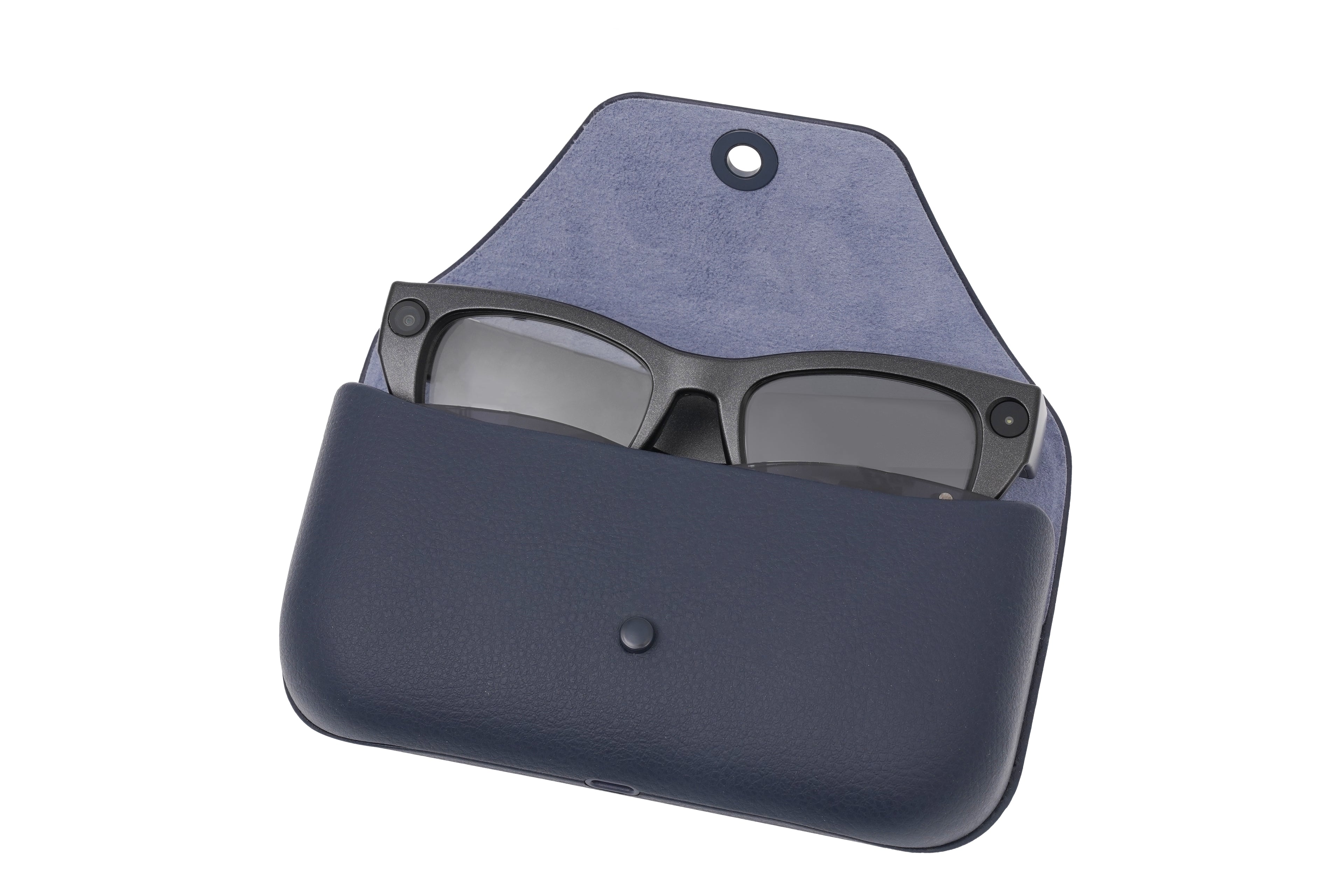 Black sunglasses in a blue leather case on a white background