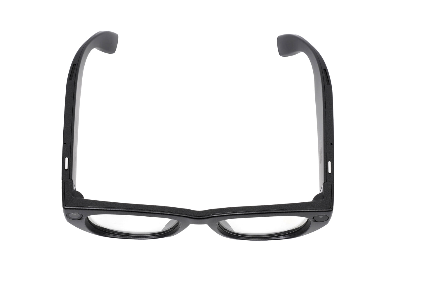 A top-down, bird's-eye view of the black EchoVision smart glasses on a white background. The image clearly shows the symmetrical placement of the tactile control buttons on both the left and right temples.
