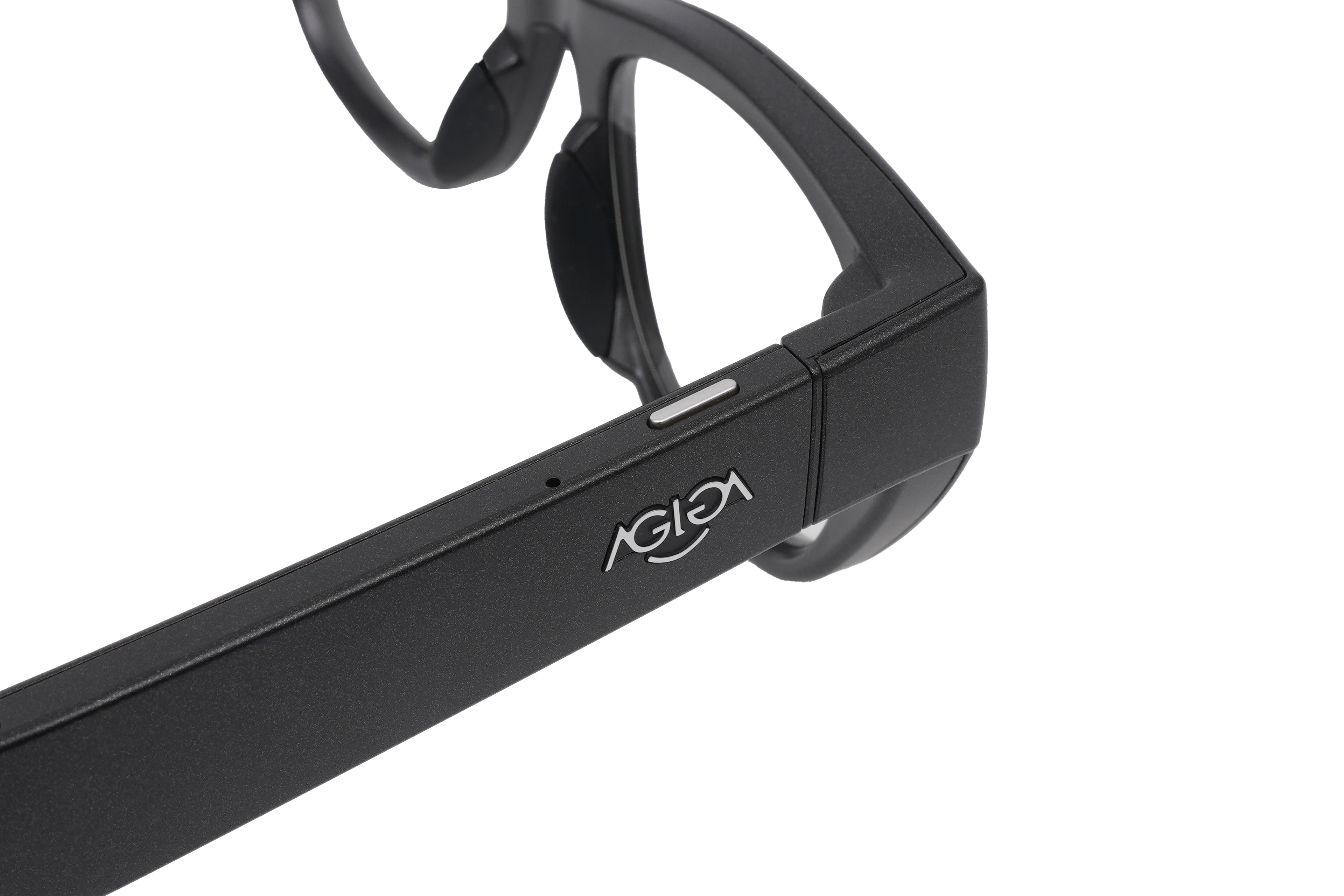 Black Smart Glasses with 'AGIGA' branding on the right temple on a white background