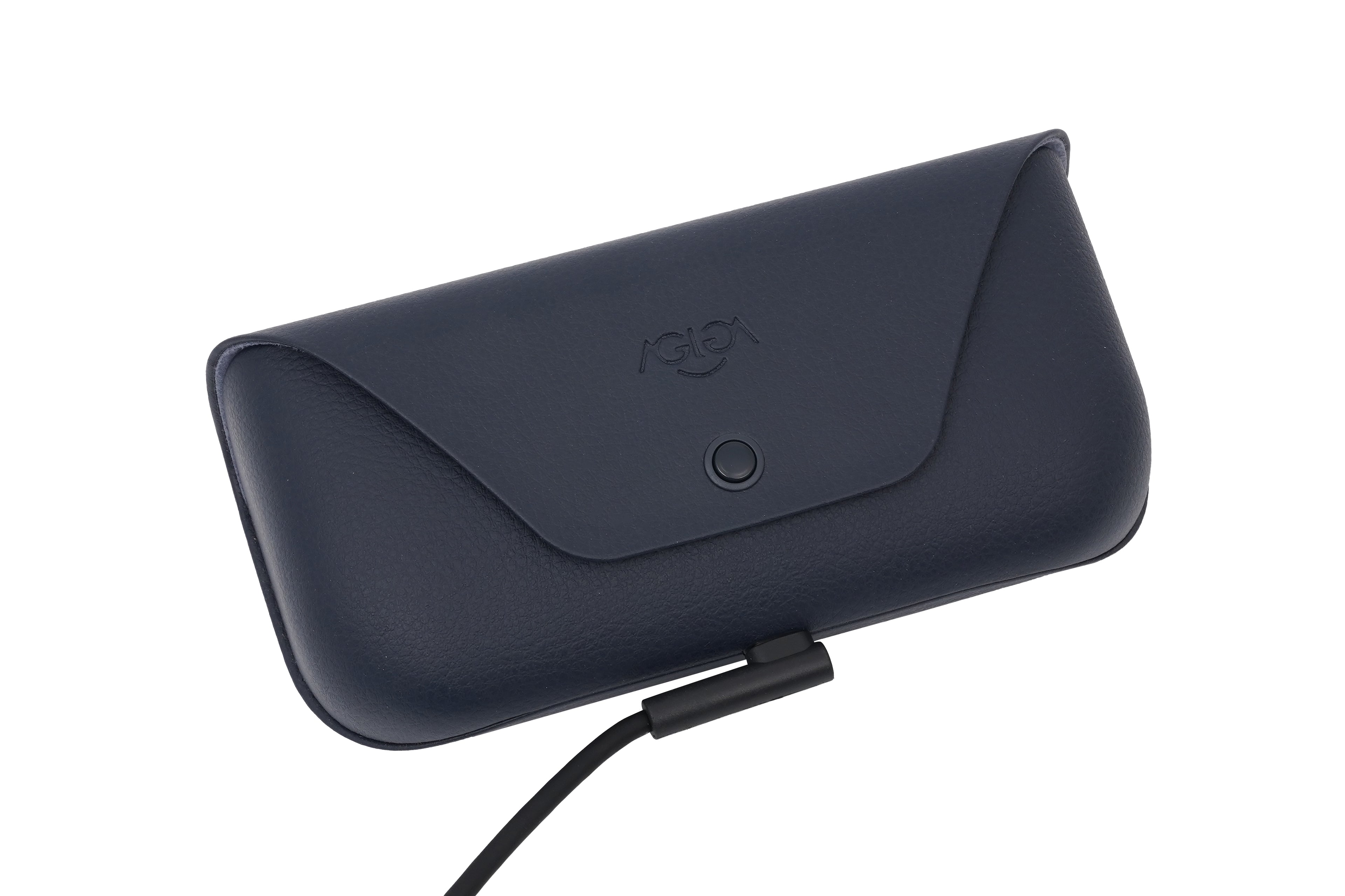 Blue charging case with a USB-C plugin to its port.