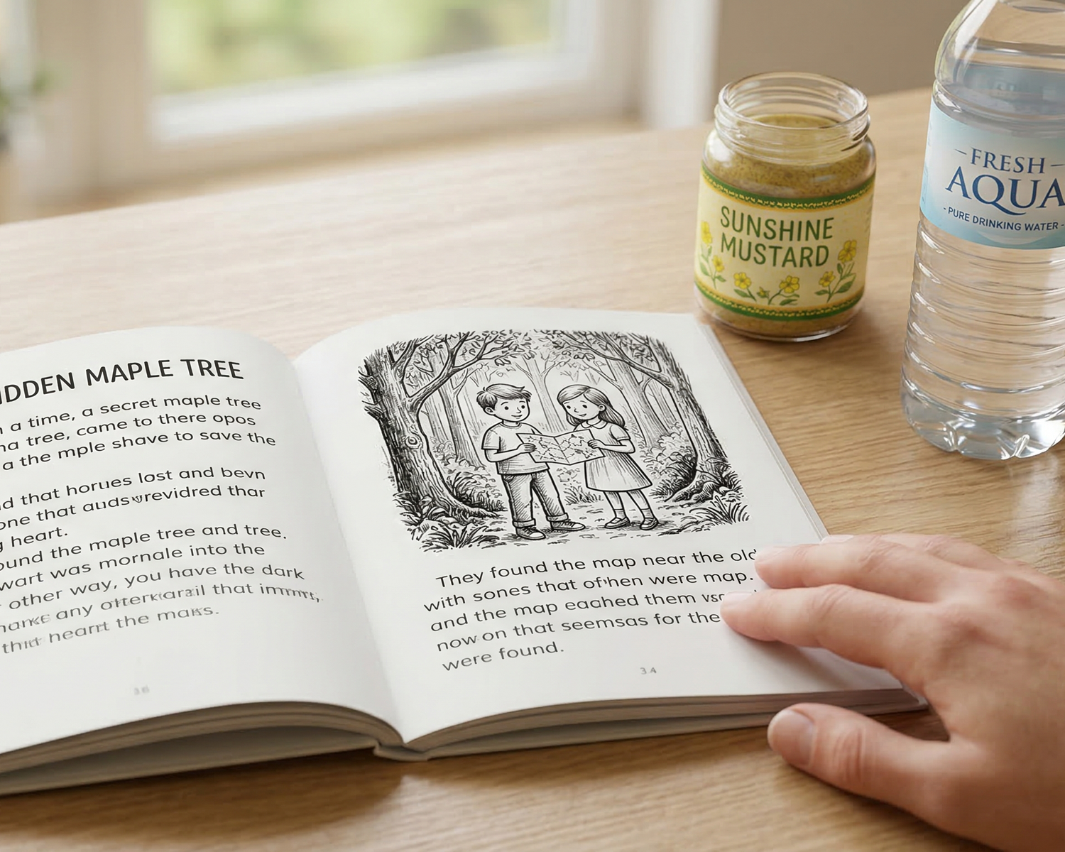 Open book on a table with a hand turning a page, next to a bottle of water and a jar.