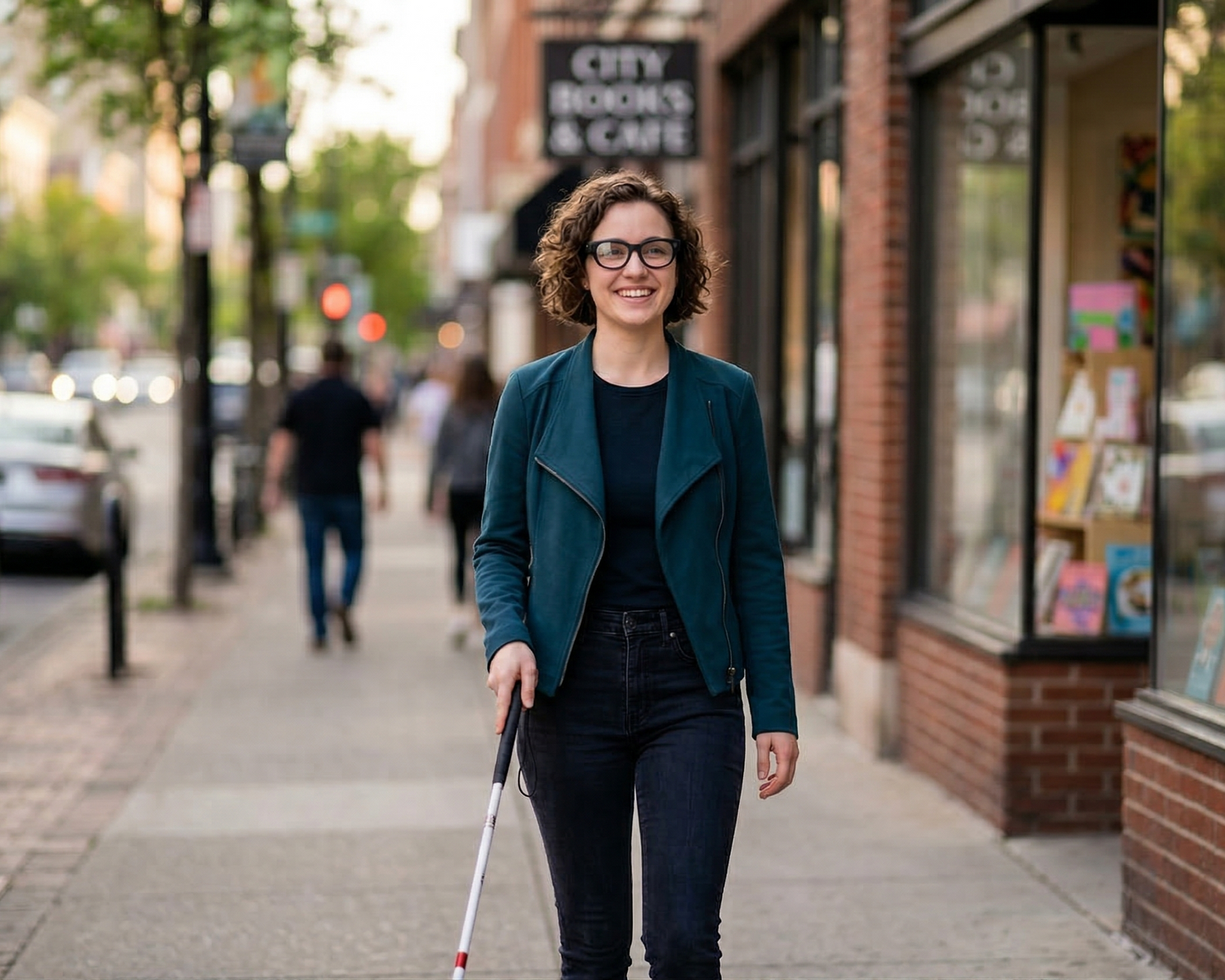 Woman wearing glasses with a white cane walking on a sidewalk in an urban setting.